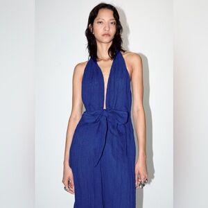 Elegant Blue Halter Maxi Dress. ZW COLLECTION LONG LINEN DRESS. WOW